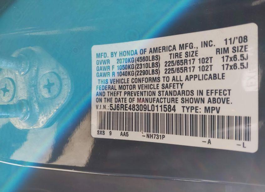 Photo 9 of 2009 Honda Cr-v LX (VIN 5J6RE48309L011584)