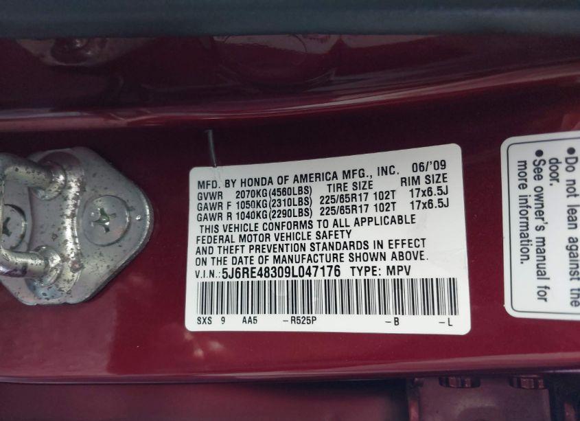 Photo 9 of 2009 Honda Cr-v LX (VIN 5J6RE48309L047176)