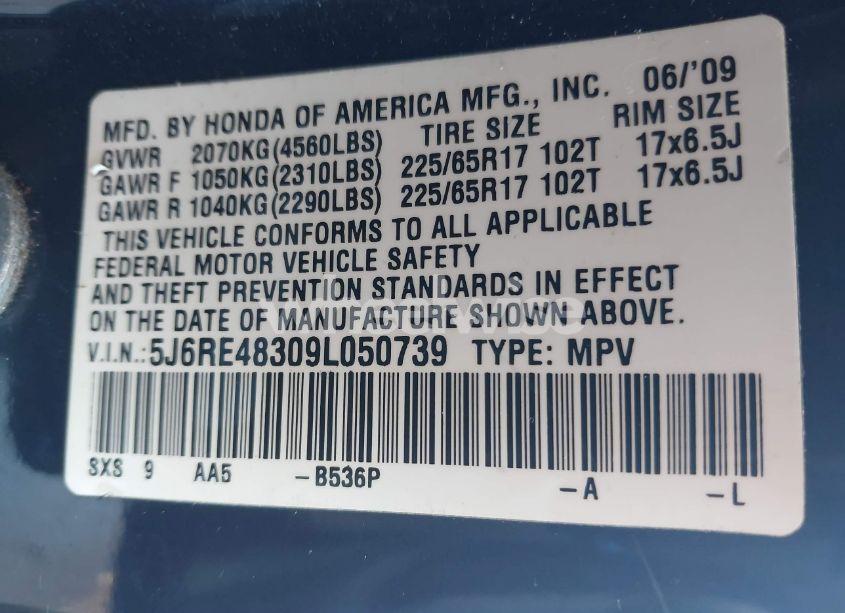 Photo 9 of 2009 Honda Cr-v LX (VIN 5J6RE48309L050739)