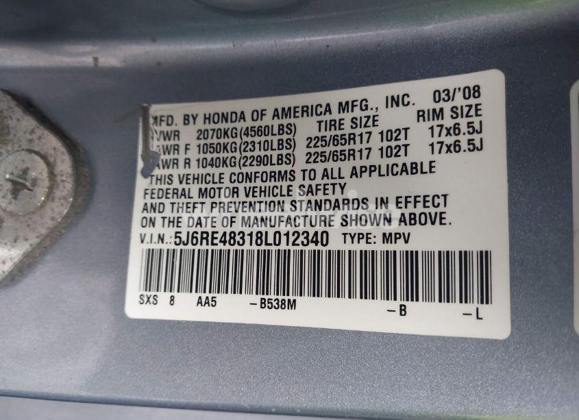 Photo 9 of 2008 Honda Cr-v LX (VIN 5J6RE48318L012340)