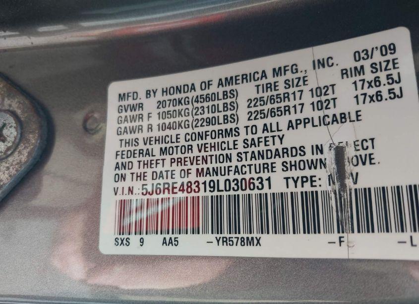 Photo 9 of 2009 Honda Cr-v LX (VIN 5J6RE48319L030631)