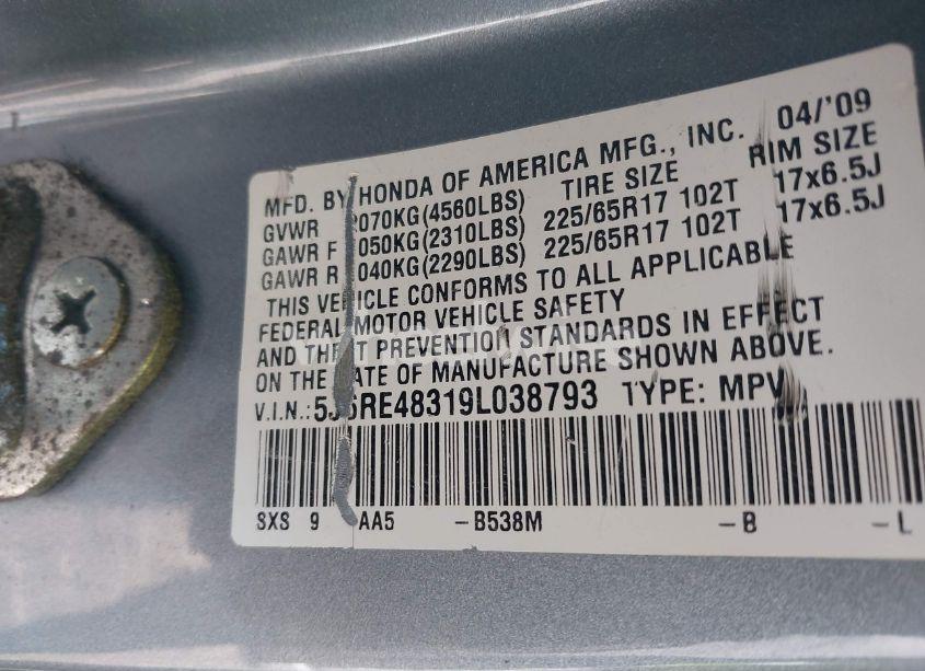 Photo 9 of 2009 Honda Cr-v LX (VIN 5J6RE48319L038793)