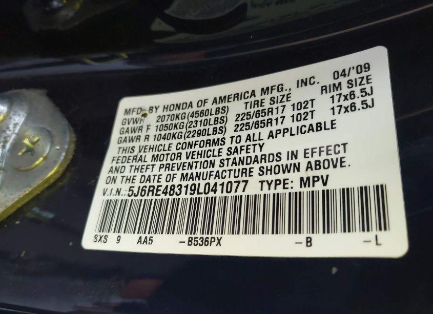 Photo 9 of 2009 Honda Cr-v LX (VIN 5J6RE48319L041077)