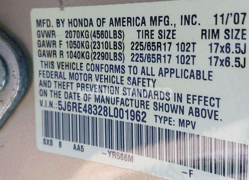 Photo 9 of 2008 Honda Cr-v LX (VIN 5J6RE48328L001962)