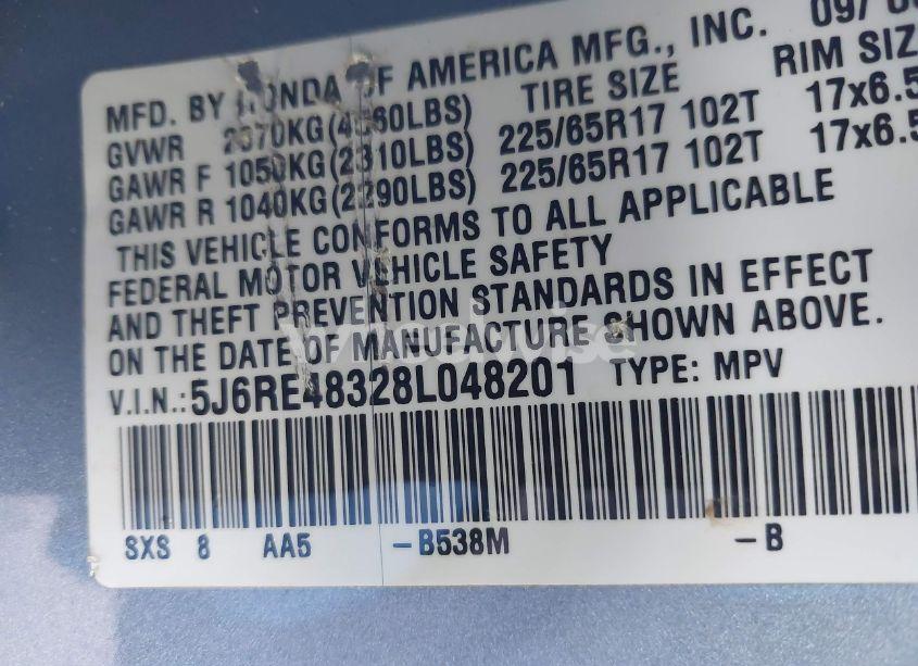 Photo 9 of 2008 Honda Cr-v LX (VIN 5J6RE48328L048201)
