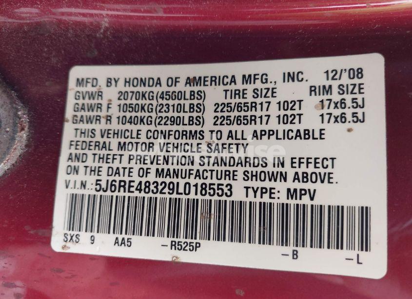 Photo 9 of 2009 Honda Cr-v LX (VIN 5J6RE48329L018553)