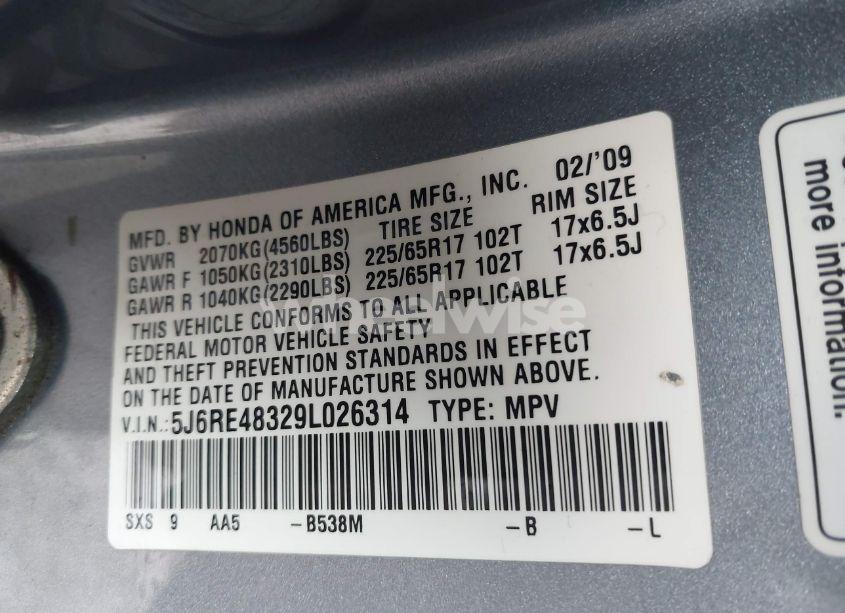 Photo 9 of 2009 Honda Cr-v LX (VIN 5J6RE48329L026314)