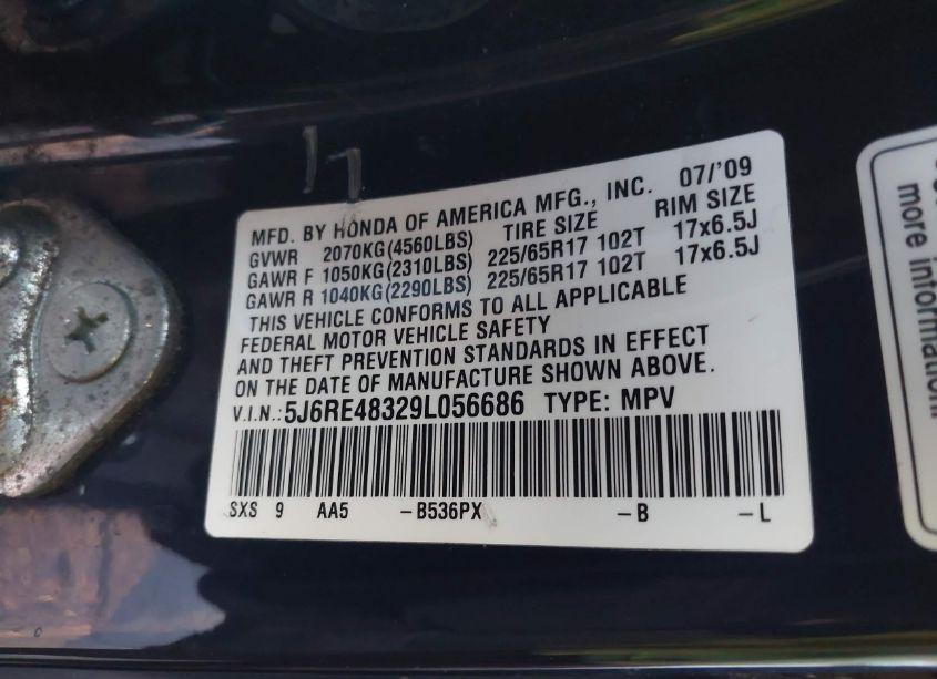 Photo 9 of 2009 Honda Cr-v LX (VIN 5J6RE48329L056686)