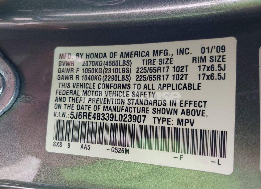 Photo 9 of 2009 Honda Cr-v LX (VIN 5J6RE48339L023907)