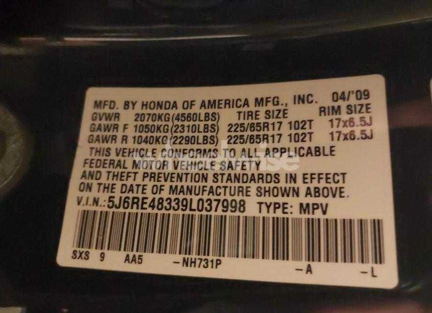 Photo 9 of 2009 Honda Cr-v LX (VIN 5J6RE48339L037998)