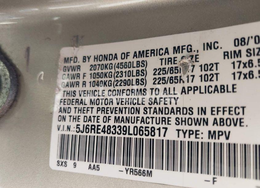 Photo 9 of 2009 Honda Cr-v LX (VIN 5J6RE48339L065817)