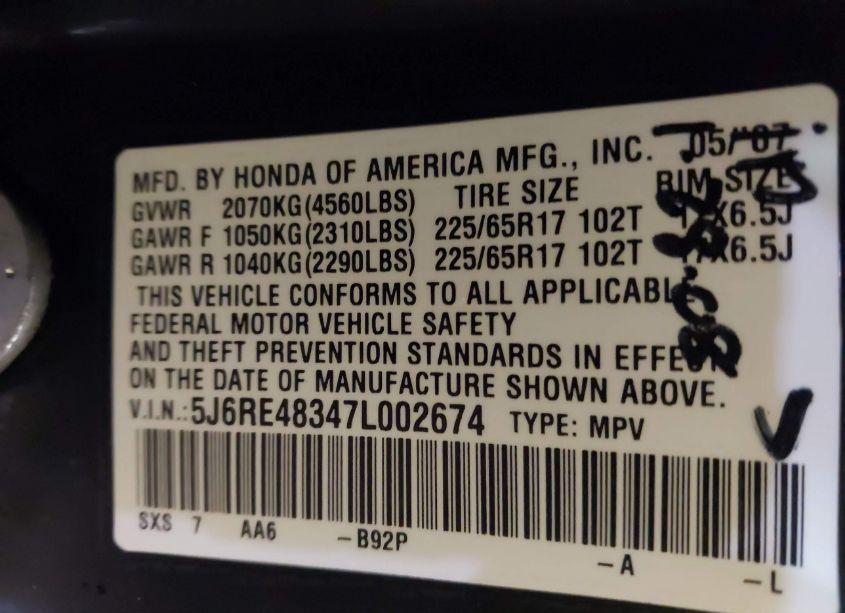 Photo 9 of 2007 Honda Cr-v LX (VIN 5J6RE48347L002674)