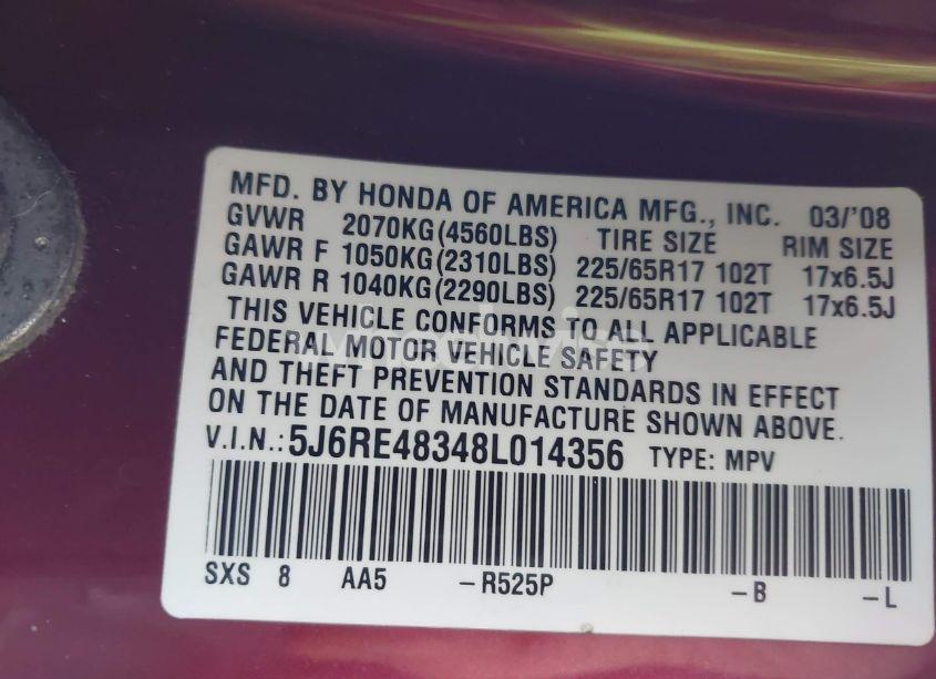 Photo 9 of 2008 Honda Cr-v LX (VIN 5J6RE48348L014356)