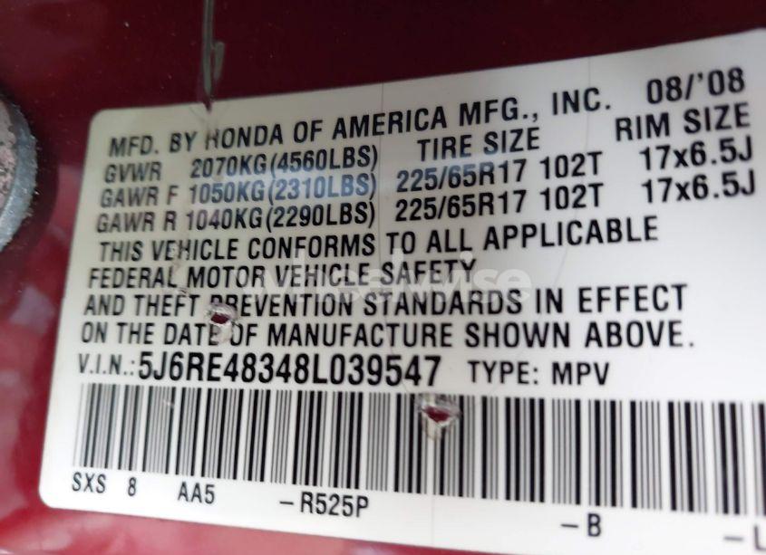 Photo 9 of 2008 Honda Cr-v LX (VIN 5J6RE48348L039547)