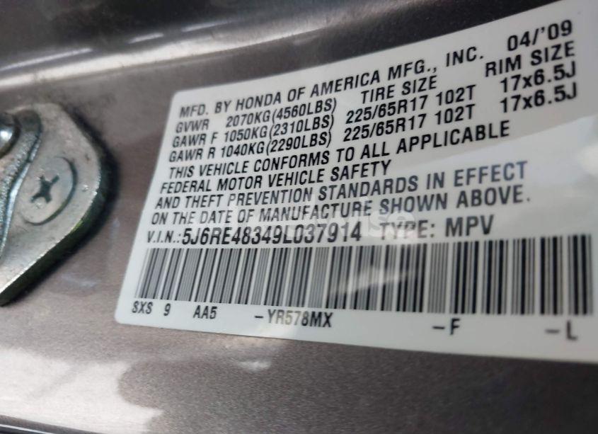 Photo 9 of 2009 Honda Cr-v LX (VIN 5J6RE48349L037914)