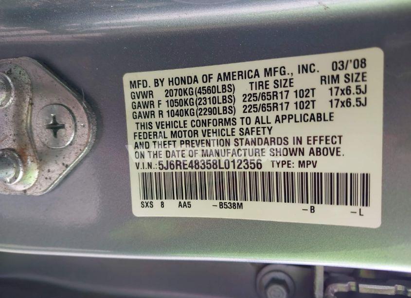 Photo 9 of 2008 Honda Cr-v LX (VIN 5J6RE48358L012356)
