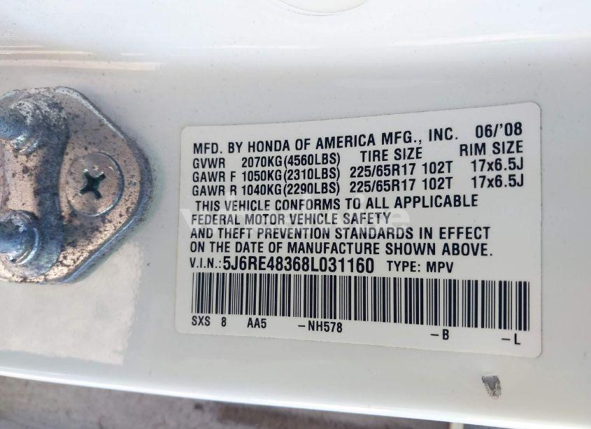 Photo 9 of 2008 Honda Cr-v LX (VIN 5J6RE48368L031160)