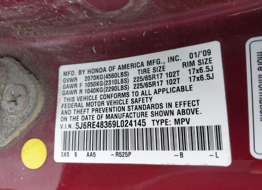 Photo 9 of 2009 Honda Cr-v LX (VIN 5J6RE48369L024145)