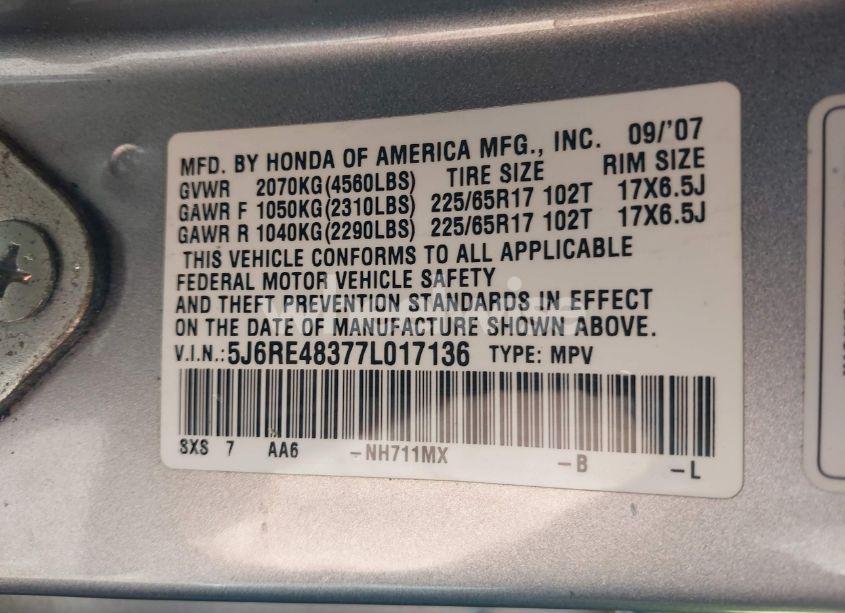 Photo 9 of 2007 Honda Cr-v LX (VIN 5J6RE48377L017136)