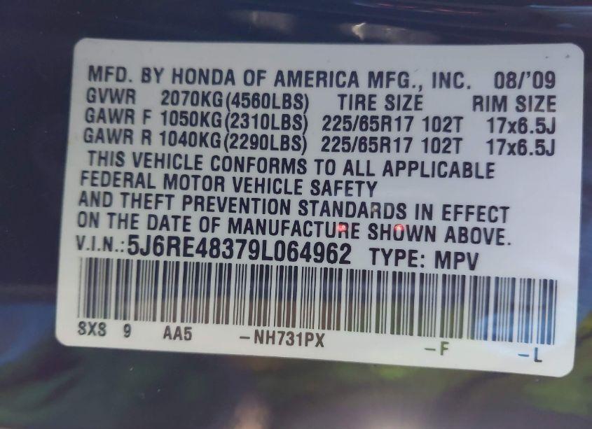 Photo 9 of 2009 Honda Cr-v LX (VIN 5J6RE48379L064962)
