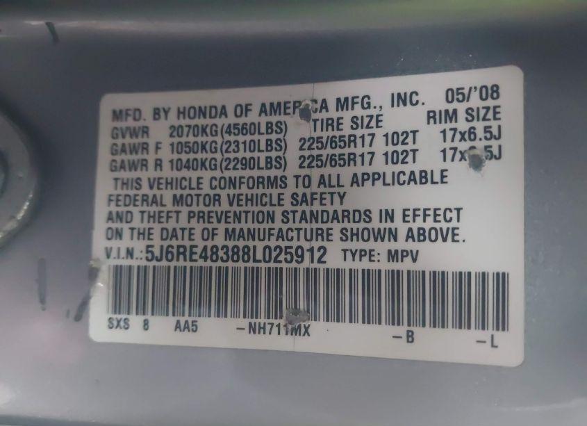 Photo 9 of 2008 Honda Cr-v LX (VIN 5J6RE48388L025912)