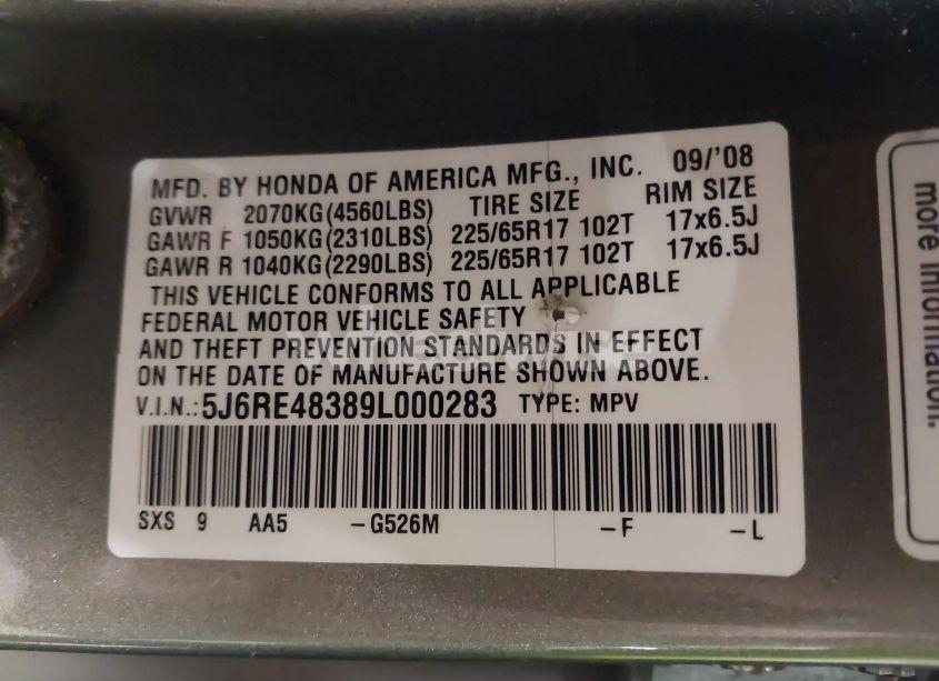 Photo 9 of 2009 Honda Cr-v LX (VIN 5J6RE48389L000283)