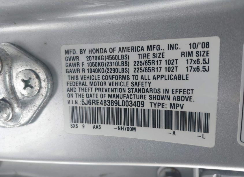 Photo 9 of 2009 Honda Cr-v LX (VIN 5J6RE48389L003409)