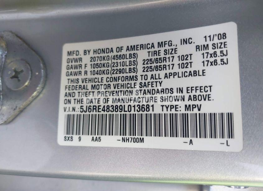 Photo 9 of 2009 Honda Cr-v LX (VIN 5J6RE48389L013681)