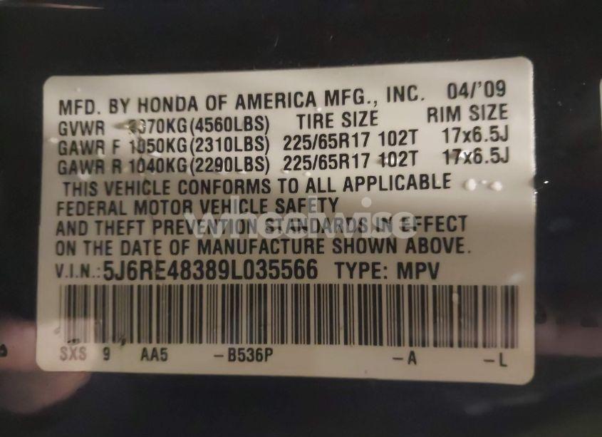 Photo 9 of 2009 Honda Cr-v LX (VIN 5J6RE48389L035566)