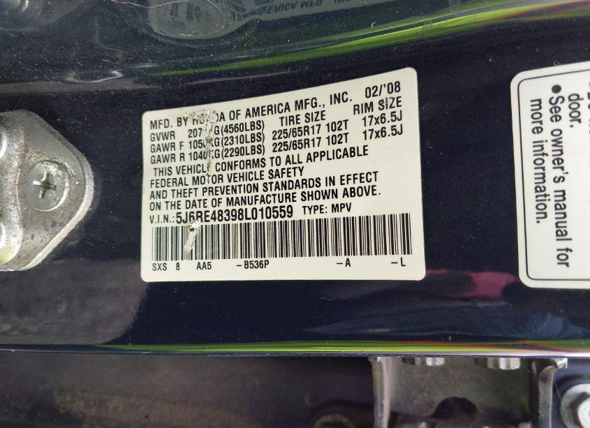 Photo 9 of 2008 Honda Cr-v LX (VIN 5J6RE48398L010559)