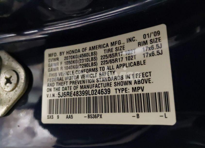 Photo 9 of 2009 Honda Cr-v LX (VIN 5J6RE48399L024639)