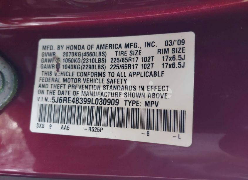 Photo 9 of 2009 Honda Cr-v LX (VIN 5J6RE48399L030909)