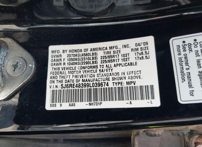 Photo 9 of 2009 Honda Cr-v LX (VIN 5J6RE48399L039674)