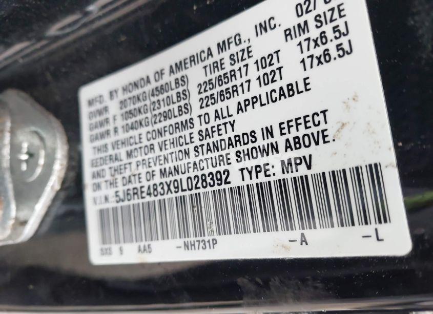 Photo 9 of 2009 Honda Cr-v LX (VIN 5J6RE483X9L028392)