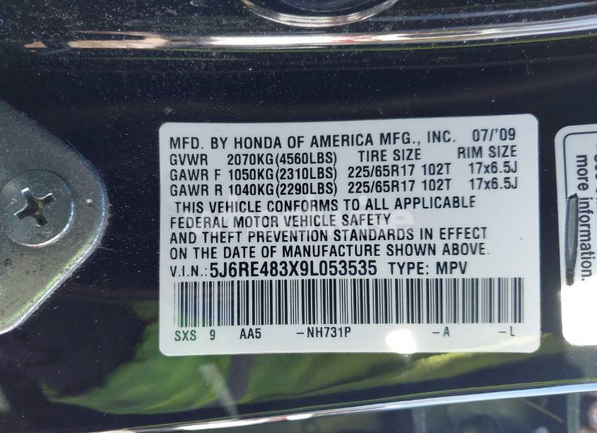 Photo 9 of 2009 Honda Cr-v LX (VIN 5J6RE483X9L053535)