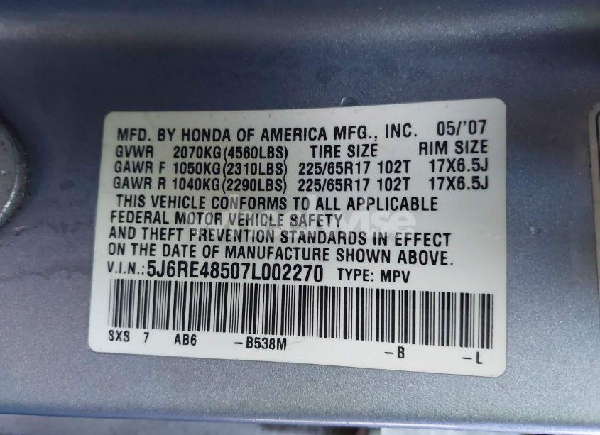 Photo 9 of 2007 Honda Cr-v EX (VIN 5J6RE48507L002270)