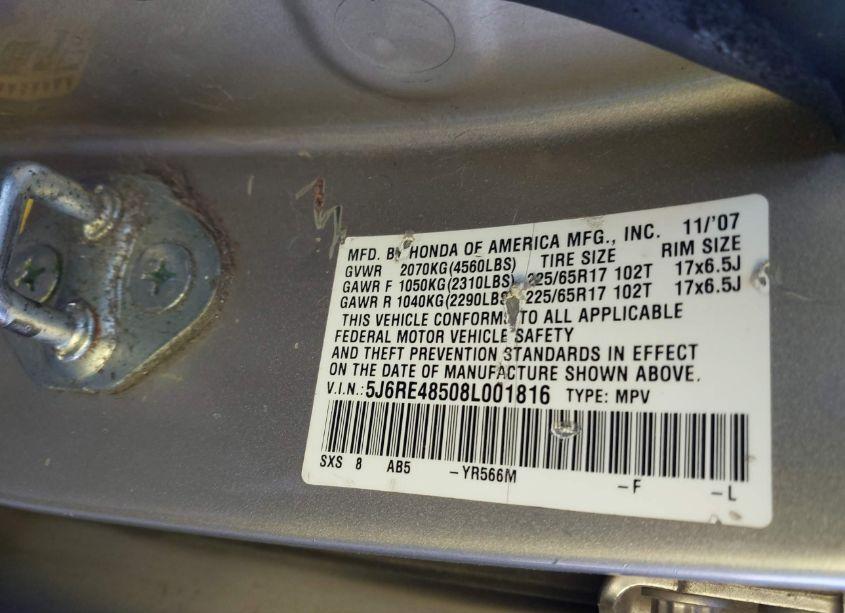 Photo 9 of 2008 Honda Cr-v EX (VIN 5J6RE48508L001816)