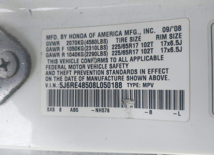 Photo 9 of 2008 Honda Cr-v EX (VIN 5J6RE48508L050188)