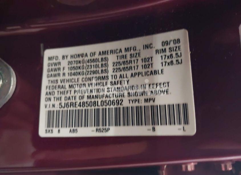 Photo 9 of 2008 Honda Cr-v EX (VIN 5J6RE48508L050692)