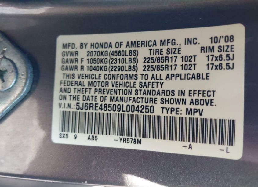 Photo 9 of 2009 Honda Cr-v EX (VIN 5J6RE48509L004250)