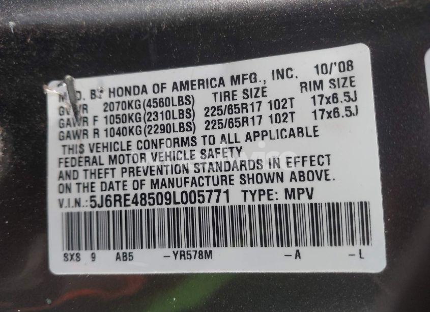 Photo 9 of 2009 Honda Cr-v EX (VIN 5J6RE48509L005771)