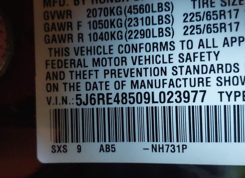 Photo 9 of 2009 Honda Cr-v EX (VIN 5J6RE48509L023977)