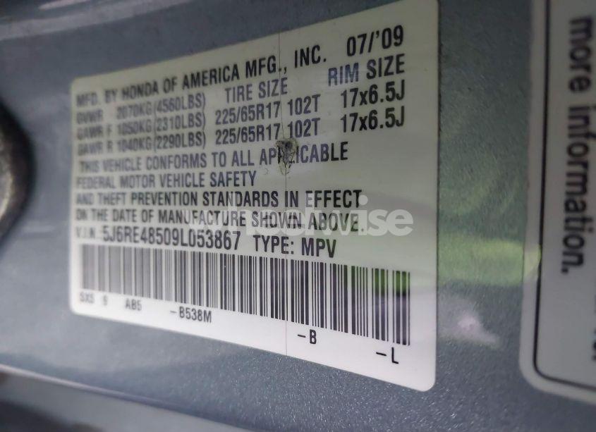 Photo 9 of 2009 Honda Cr-v EX (VIN 5J6RE48509L053867)