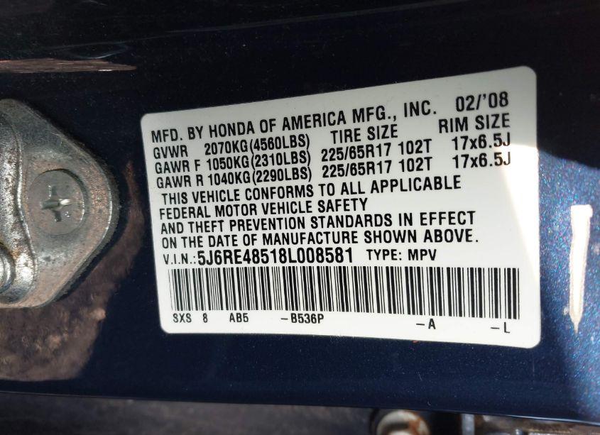 Photo 9 of 2008 Honda Cr-v EX (VIN 5J6RE48518L008581)