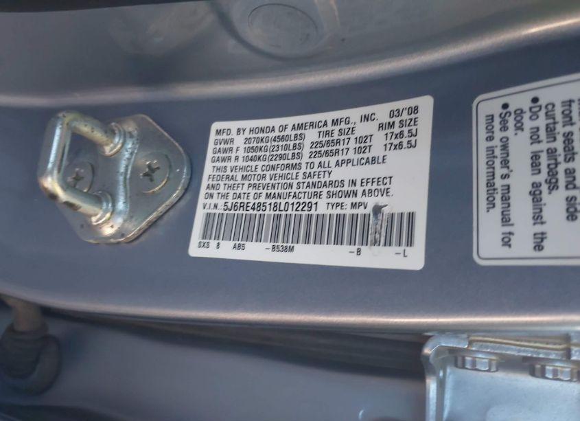 Photo 9 of 2008 Honda Cr-v EX (VIN 5J6RE48518L012291)