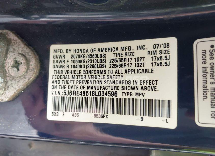 Photo 9 of 2008 Honda Cr-v EX (VIN 5J6RE48518L034596)