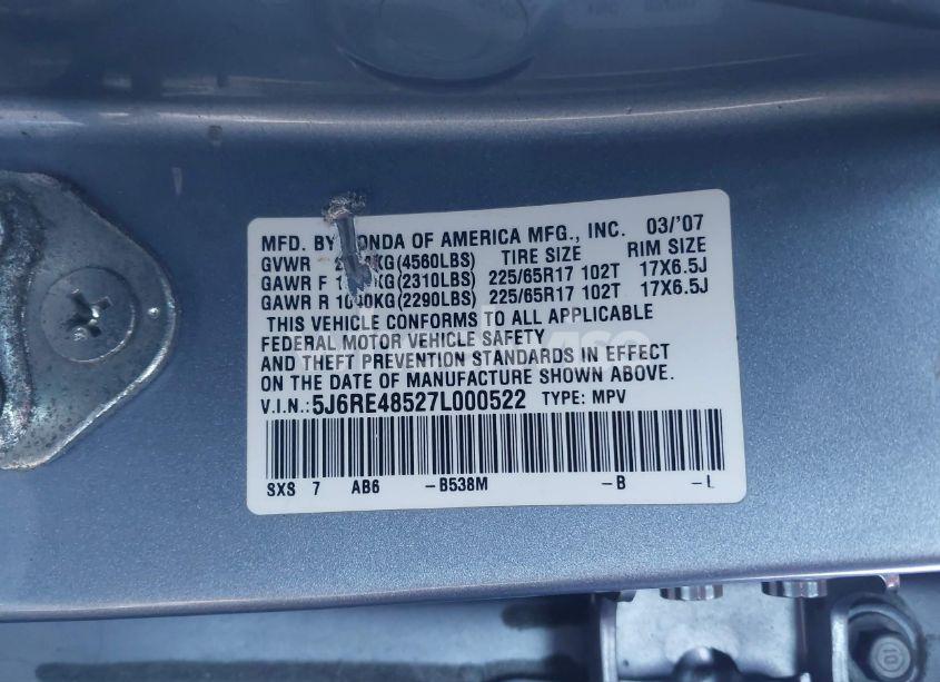 Photo 9 of 2007 Honda Cr-v EX (VIN 5J6RE48527L000522)