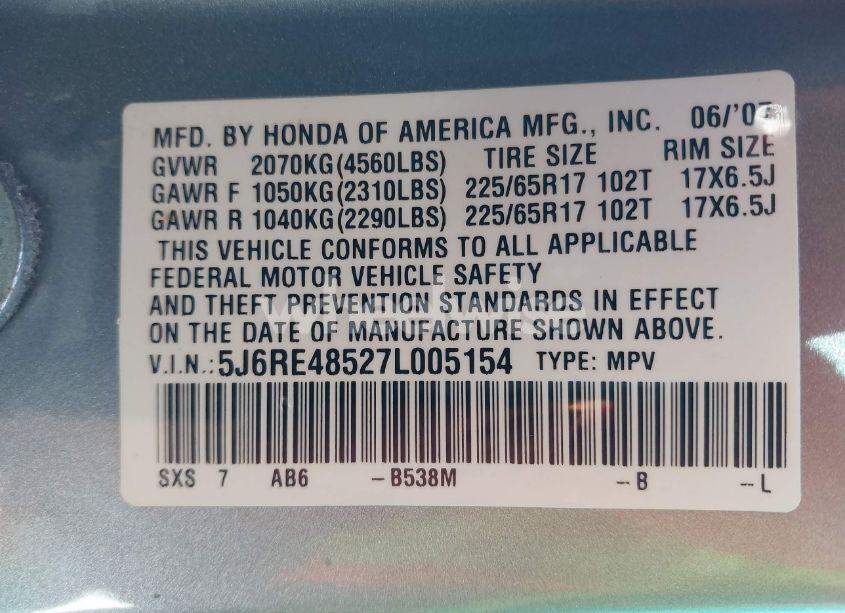 Photo 9 of 2007 Honda Cr-v EX (VIN 5J6RE48527L005154)