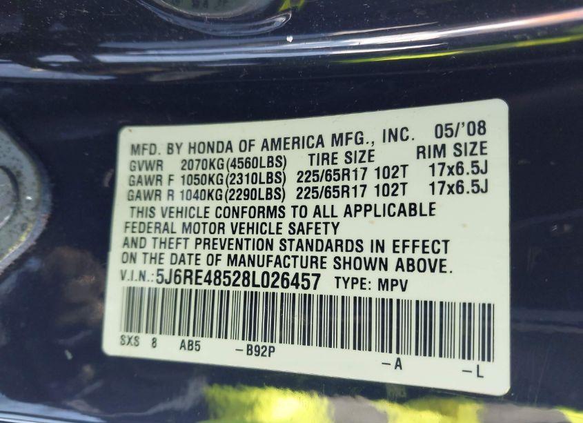 Photo 9 of 2008 Honda Cr-v EX (VIN 5J6RE48528L026457)