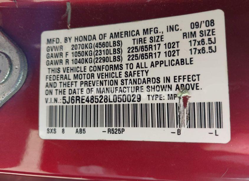 Photo 9 of 2008 Honda Cr-v EX (VIN 5J6RE48528L050029)